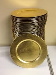 Koyal wholesale round 13 braided rim clear glass charger plates, modern glam look, bulk set of 4, table setting, tabletop, tablescape for wedding, holidays, events, dining room decorative use (gold) 5.0 out of 5 stars. Gold And Silver Charger Plates For Sale 1 Each For Sale At Bridal Garage Sales Silver Charger Plates Charger Plates Gold Charger Plate