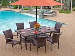 Sierra 7 Pc Woven Resin Wicker Dining Set With 76 X 42 Rectangular Slat Top Infinitree Table Resin Wicker Furniture Outdoor Furniture Sets Wicker Dining Set
