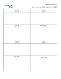 The calendar has a sunday start, with columns allocated for each day of the week. Weekly Calendar December 26 2021 To January 1 2022 Pdf Word Excel