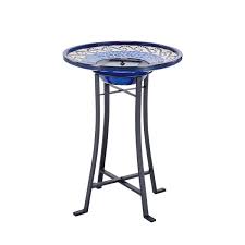 The glass bowl is a striking aqua. Mosaic Solar Birdbath With Metal Stand Smart Living Home Garden