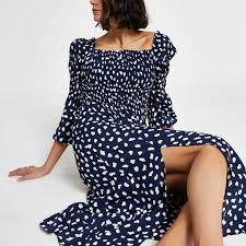 I like them best with flat sandals or wedges. Navy Shirred Puff Sleeve Maxi Dress River Island