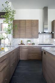 Walnut Stained Flat Front Kitchen Cabinets With White And Gold Stone Countertops Contem Walnut Kitchen Cabinets Modern Kitchen Cabinets Modern Kitchen Design