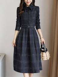 Midi Dress Blue Green Brown Long Sleeve Casual Checkered Plaid Spring Fall Winter Acetate Shirt Collar Mid Winter Dress Outfits Everyday Dresses Winter Dresses