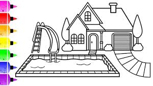 Printable coloring pages for kids of all ages. How To Draw A House With Pool Coloring Page For Kids Coloring Book For Kids Coloring Pages Butterfly Coloring Page Pikachu Coloring Page
