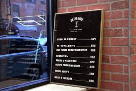 Price List Sign For On The Mark Barber Shop Located In The East Village Of Nyc Branding Logo Design Barber Shop Interior Barbershop Design Barber Shop
