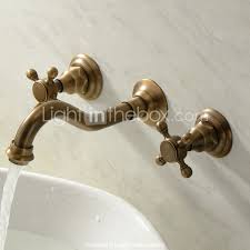 Wall Mounted Two Handles Three Holes In Antique Brass Bathroom Sink Faucet 00071477 Sink Faucets Bathroom Sink Wall Faucet