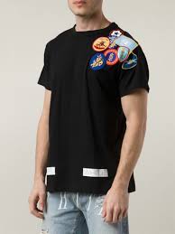 Signature diagonal stripes at back pocket. Off White C O Virgil Abloh Embroidered Patches T Shirt In Black For Men Lyst