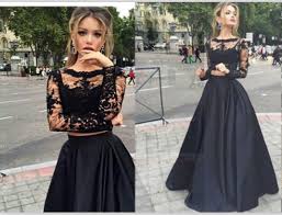 Long Sleeves Black Lace Prom Gowns High Neck Two Pieces Prom Dresses Mid Section Cheap Evening Gown Wedding Party Gown For Sweet 16 Dresses Graduation Dresses Prom Dresses Long With Sleeves Prom Dresses For Teens