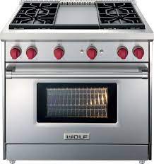 Dual fuel range with gas stove and electric oven in stainless steel (ra36) Wolf Gr364g 36 Inch Pro Style Gas Range With 5 5 Cu Ft Convection Oven 4 Dual Stacked Seal Burners Infrared Griddle Infrared Broiler Red Control Knobs Island Trim And Star K Certified Natural Gas