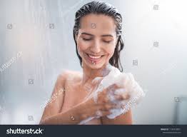Portrait Of Happy Girl Taking Shower With Gel She Washing With Puff Girl Happy Portrait Shower Happy Girls Portrait Puff Girl