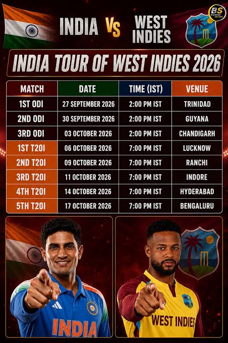 India Tour of West Indies 2026 🇮🇳🇼🇮 The schedule is out! 🔥 3 ODIs & 5  T20Is between two cricket powerhouses. Which match are you most excited  for? 👇 #INDvsWI #IndiaVsWestIndies #TeamIndia #WestIndie