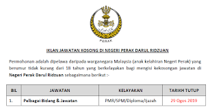 Rob's jobs merupakan portal dan aplikasi lowongan kerja yang sangat efektif dan memudahkan para jobseeker segera daftarkan dirimu untuk mendapatkan harga terbaik, jangan sampai ketinggalan! Jawatan Kosong Di Negeri Perak Darul Ridzuan Kelayakan Pmr Spm Diploma Ijazah Ejawatankini Com
