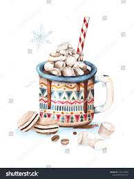 Tasty Hot Chocolate Cup With Marshmallows Red And Blue Ornament Christmas Watercolor Greeting Ca Hot Chocolate Drawing Christmas Watercolor Christmas Drawing