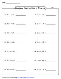decimal horizontal subtraction worksheets