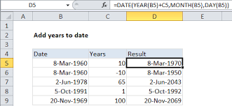 = date(year( b5) + c5,month( b5 ),day( b5 )) the formula is then solved like this: Add Years To Date In Excel July 17 2021 Excel Office