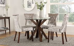 Tina leaza jones april 29, 2017 at 12:56 pm. Hatton Round Dark Wood And Glass Dining Table With 4 Bewley Silver Velvet Chairs Furniture And Choice