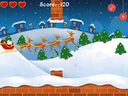 Santa claus apuntando en banner en blanco. Santa Claus Chimney Challenge Online Spiel Pomu Spiele
