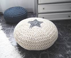 Knit Floor Pouf With Star Kids Pouffe Flat Floor Pillow Round Crochet Seat Cushion Off White Baby Room Decor Crochet Pouf Crochet Floor Cushion Kids Floor Cushions