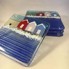 Set Of 4 Handmade Fused Glass Coasters Beach Hut Seaside Etsy Glass Fusing Projects Fused Glass Dishes Fused Glass Candle Holder