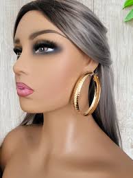 1 Pair of 3" Extra Wide Gold Tone CLIP ON Hoop Earrings