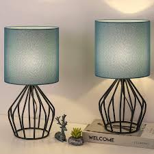 Cute black orb shaped bedside table lamp: Haitral Modern Table Lamps Small Nightstand Lamps For Bedroom Living Room Dorm Side Table Geometric Desk Lamps With Hollowed Out Base And Blue Fabric Shade Amazon Com