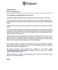 For that, we'll need to take a deep breath. Load Shedding Not Likely On Friday Eskom Bloemfontein Courant