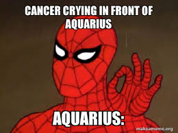 Cancer Crying In Front Of Aquarius Aquarius Spiderman Care Factor Zero Make A Meme