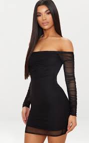 Black Ruched Mesh Bardot Bodycon Dress Shop The Range Of Dresses Today At Prettylittlething Express D Tight Fitted Dresses Bodycon Dress Bardot Bodycon Dress