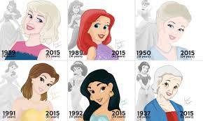 In the grimm brothers version of snow white, she was depicted as having blonde hair but this was something that disney decided to change.she was given raven black hair instead, with ivory white skin and rosy cheeks. Disney Princesses Like Ariel And Snow White Drawn As If They Had Aged Daily Mail Online