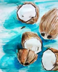 Coconuts On Turquoise Table Original Watercolor Painting Kitchen Decor Coconut Art Housewarming Cute Canvas Paintings Tropical Art Original Watercolor Painting