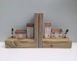 Mini Cottage Wooden Book Ends Will Make A Unique 5th Wedding Etsy In 2020 Bookends Wooden House Decoration Wooden Books