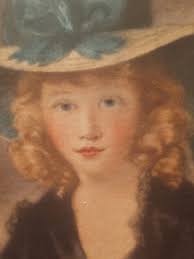 ELIZABETH E. MILNER PENCIL SIGNED Blue Eyed Lady Turquoise Hat. Cardboard