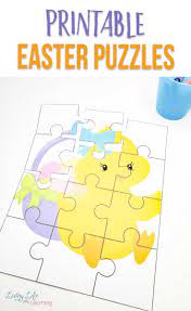Put the jigsaw puzzle pieces together to form a picture of a cute bunny with a plate full of colored eggs. Easter Printable Puzzles