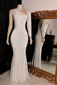 Sparkly One Shoulder Silver Floor Length Column Prom Dresses In 2020 Silver Prom Dress Mermaid Evening Dresses Mermaid Gown Prom