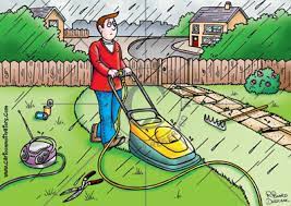 Every year, while mowing the grass, cutting a branch, or power washing a deck, at least 100 people die and an. Health And Safety Cartoon Garden Safety Hazards Guy Mowing Lawn About To Cut Cable