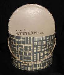 Vintage Ladies Hat Box Chas A Stevens Chicago Taupe Gray Black Geometric Design Round Shape Art Deco Flapper Era 1940s 1950s Vintage Hat Boxes Hat Box Geometric Design