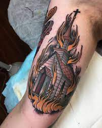 Burn It Down Tattoo Done By Creemccahill Www Otzi App Church Tattoo Satanic Tattoos Fire Tattoo