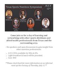 Come join us for a day of learning and networking with other sports  dietitians and allied health professionals from Texas and th