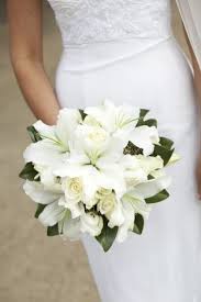 All White Bouquet With Lilies And A Navy Blue Ribbon Lily Bouquet Wedding White Wedding Flowers Blue Wedding Bouquet