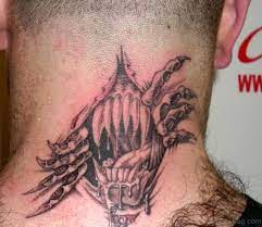 The concept for this tattoo design is unique with just brown color showcasing the bear's face in the center of the claw. 17 Extraordinary Ripped Skin Neck Tattoos