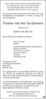 Tonnie Van Der Aa Janssen De Limburger Overlijden Nieuws Condoleances En Familieberichten