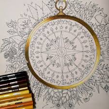 (based on keywords) color this scary skull, surrounded by pumpkins, with in background : My Gold Compass A New Wip For A Color Along Johannabasford Enchantedforest Secretgarden Enchanted Forest Coloring Book Compass Drawing Color Pencil Art