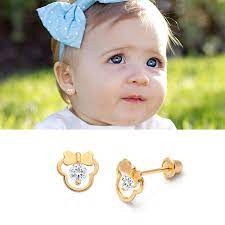 Girl Mouse With Bow Clear Cz Baby Children S Earrings Screw Back 14k Gold Baby Earrings Baby Jewelry Children