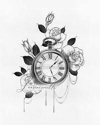 Clock Roses Flower Tattoo Design Instant Download Laurenceveillx Watch Tattoo Design Clock Tattoo Design Vintage Clock Tattoos