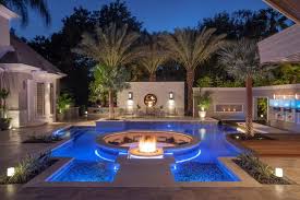 Tropical Pool With Sunken Fire Pit Seating Area Fire Pit Seating Area Sunken Fire Pits Tropical Pool