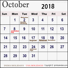 October Calendar 2018 Moon Phases