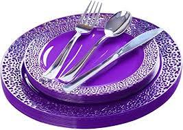 Wedding planners, brides and grooms, count on partytrends for disposable wedding plates party supplies for the wedding that they are planning. Fomoica Purple Silver Plastic Plates And Silverware 125 Piece Disposable Premium Plastic Dinnerware Plastic Dinnerware Sets Plastic Dinnerware Plastic Plates