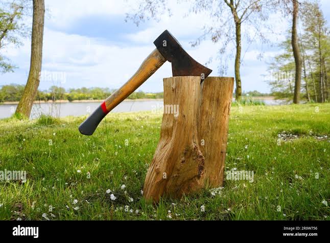 Axe in the stump. Axe impaled in the log. Lake in the background Stock Photo - Alamy