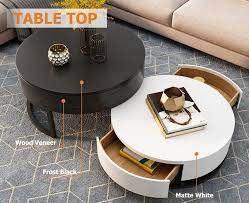 Modern Round Stone Top Nesting Wood Coffee Table With Drawers In Marble White Round Coffee Table Modern Coffee Table Wood Round Coffee Table