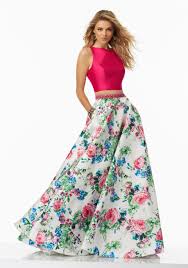 Morilee By Madeline Gardner 99003 Two Piece Floral Printed Larissa Satin Prom Dress With A Line Skirt Acc Floral Prom Dresses Piece Prom Dress Dressy Dresses